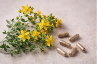 St. John's Wort flowers and supplement capsules